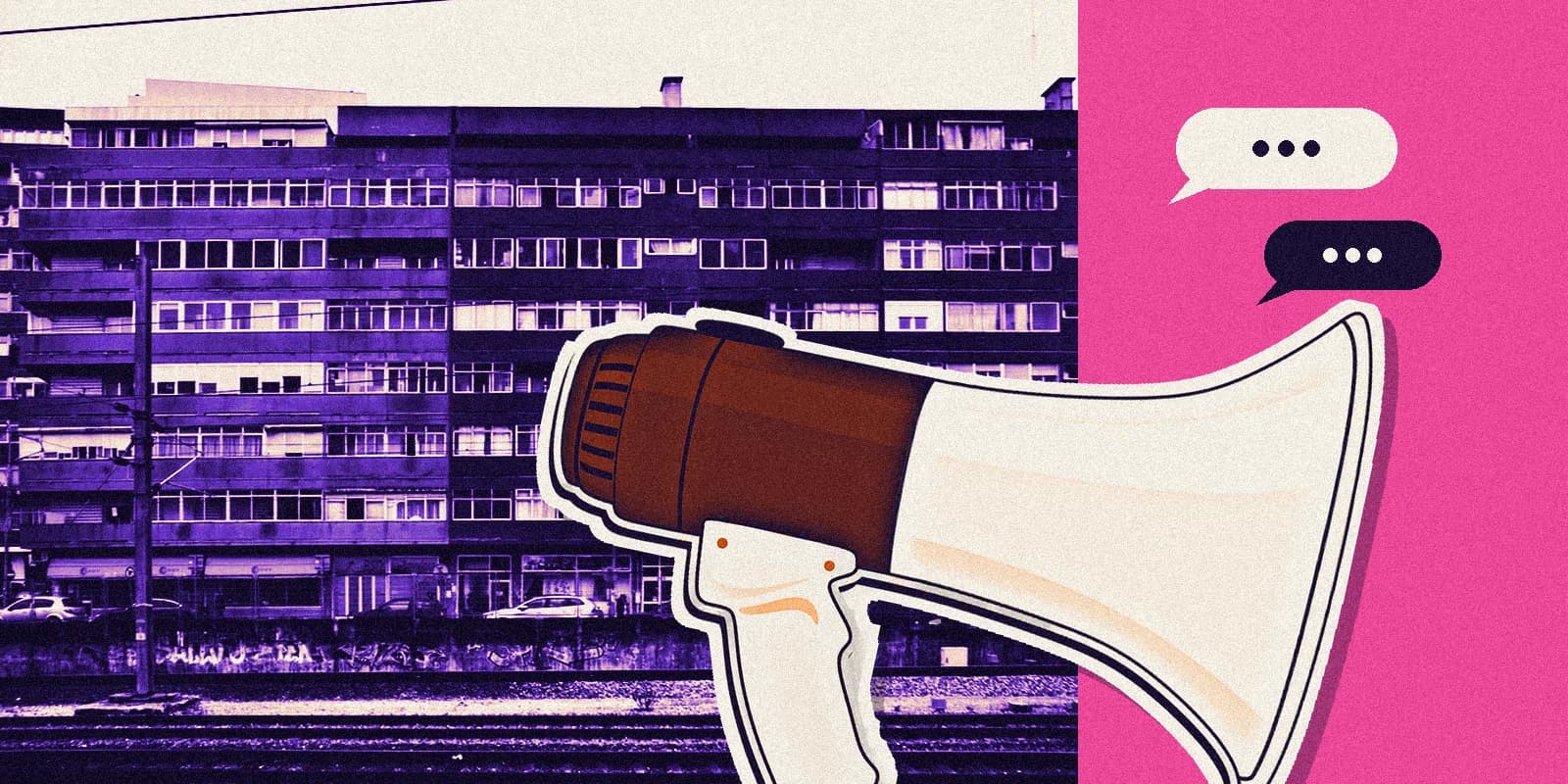 Коллаж: многоквартирный дом, мегафон и сообщения жителей
